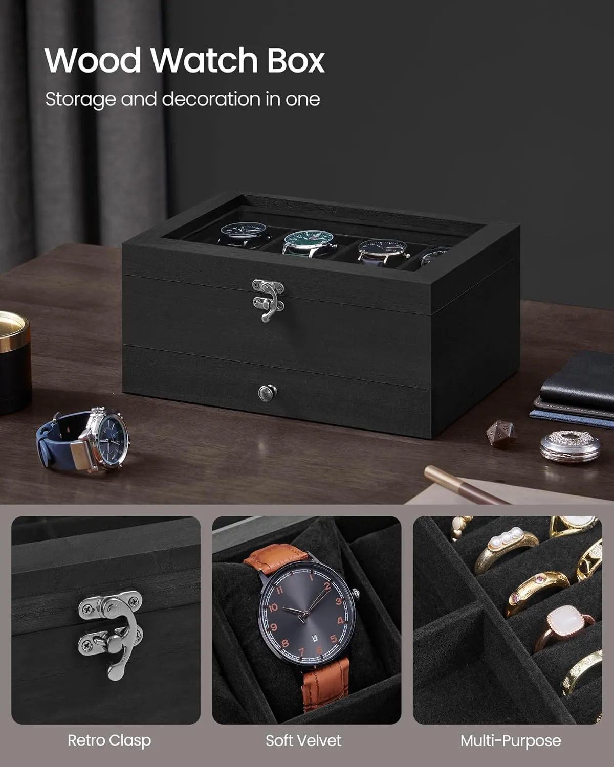 SONGMICS 8-Slot Watch Box, 2-Tier Display Case With Large Glass Lid, Removable Pillows, Velvet Lining, Jewelry Box, Gift Idea, Ink Black UJOW008B02
