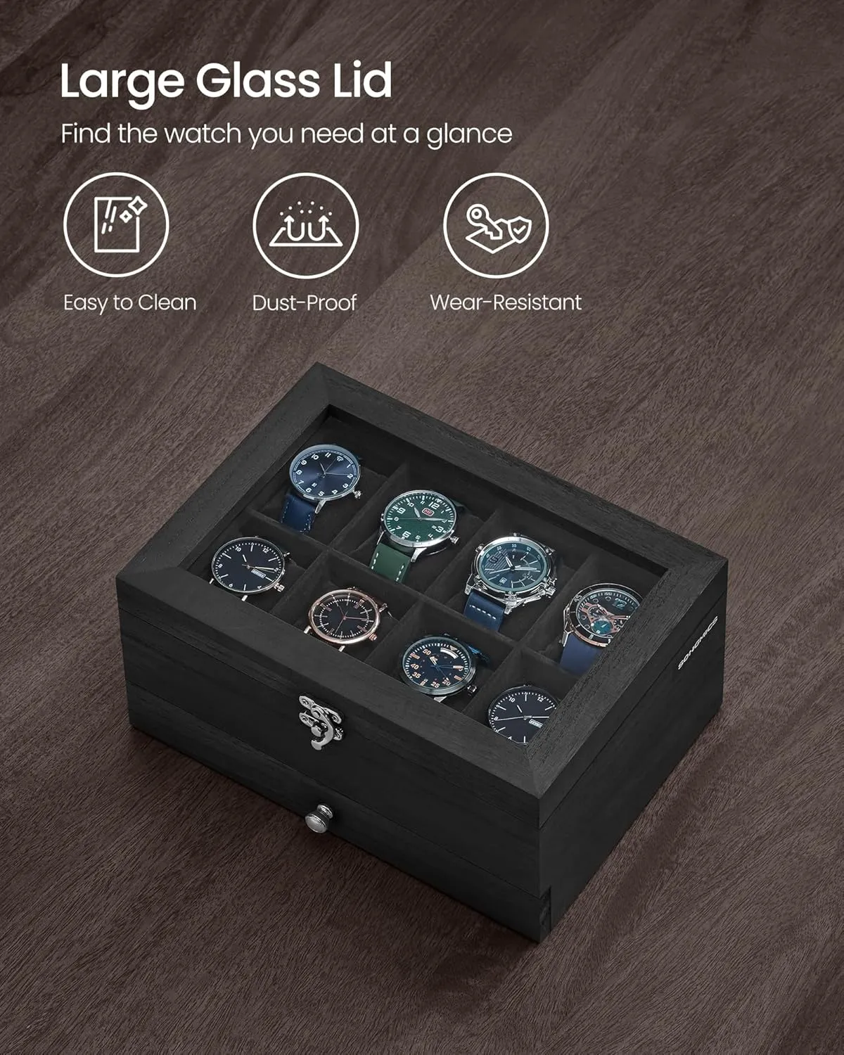 SONGMICS 8-Slot Watch Box, 2-Tier Display Case With Large Glass Lid, Removable Pillows, Velvet Lining, Jewelry Box, Gift Idea, Ink Black UJOW008B02