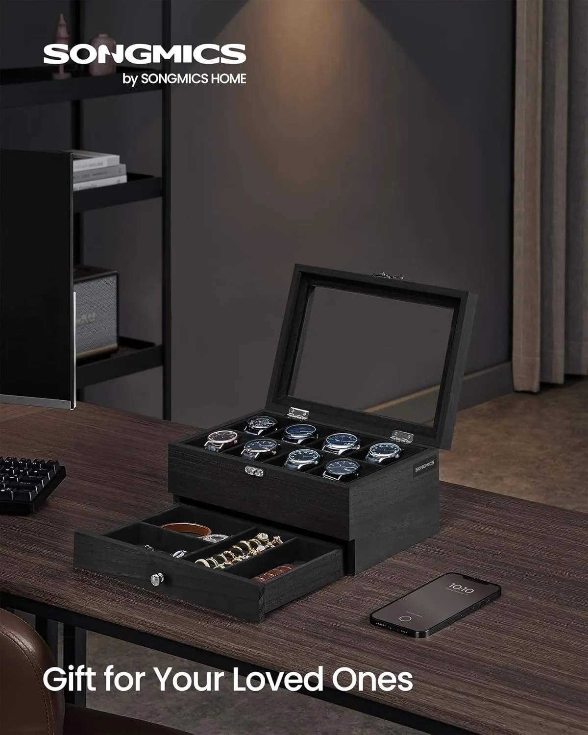 SONGMICS 8-Slot Watch Box, 2-Tier Display Case With Large Glass Lid, Removable Pillows, Velvet Lining, Jewelry Box, Gift Idea, Ink Black UJOW008B02