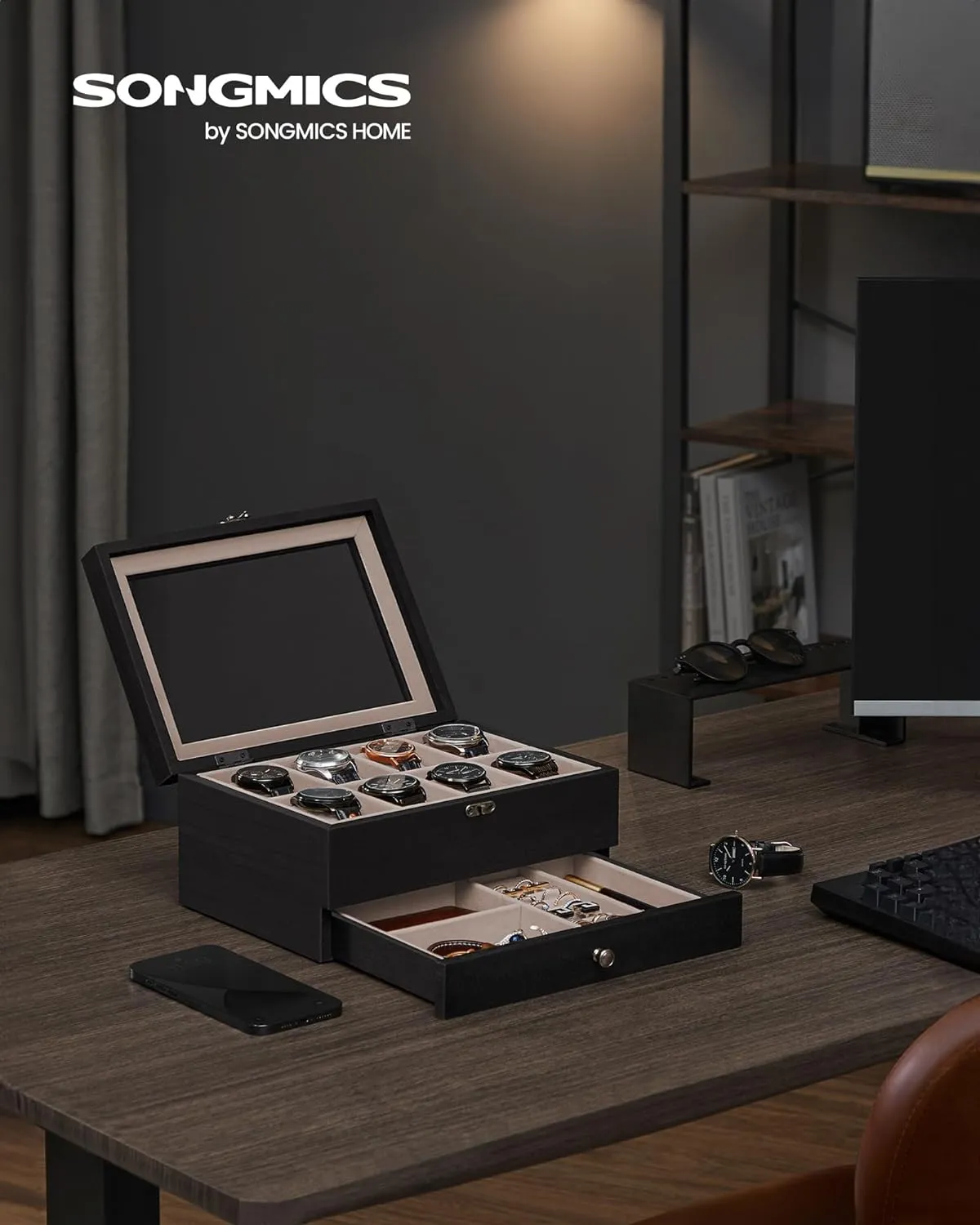 SONGMICS 8-Slot Watch Box, 2-Tier Watch Display Case with Large Glass Lid, Removable Watch Pillows, Velvet Lining, Jewelry Box, Gift Idea, Ebony Black UJOW008B01