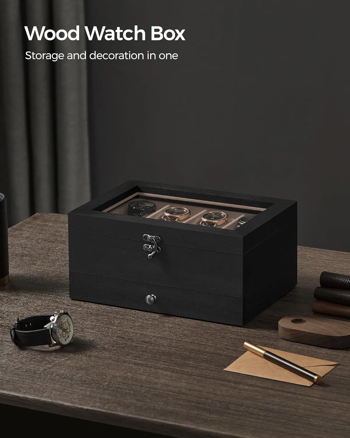 SONGMICS 8-Slot Watch Box, 2-Tier Watch Display Case with Large Glass Lid, Removable Watch Pillows, Velvet Lining, Jewelry Box, Gift Idea, Ebony Black UJOW008B01