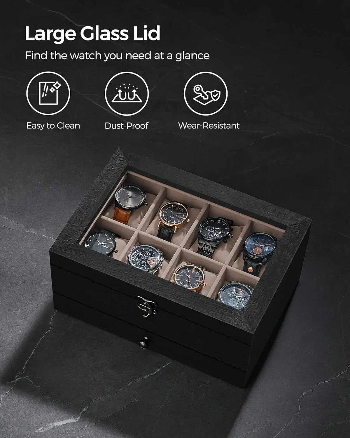 SONGMICS 8-Slot Watch Box, 2-Tier Watch Display Case with Large Glass Lid, Removable Watch Pillows, Velvet Lining, Jewelry Box, Gift Idea, Ebony Black UJOW008B01