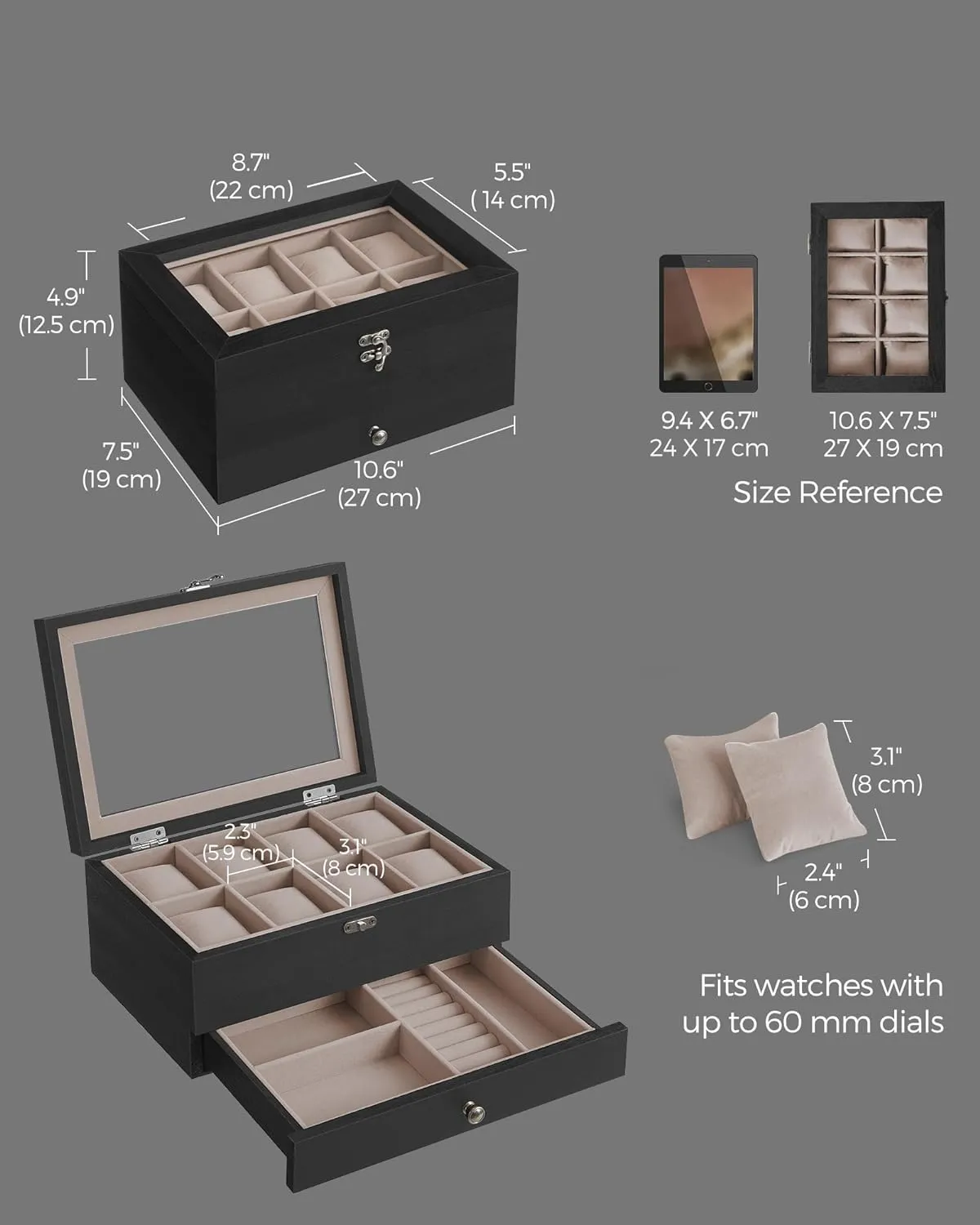 SONGMICS 8-Slot Watch Box, 2-Tier Watch Display Case with Large Glass Lid, Removable Watch Pillows, Velvet Lining, Jewelry Box, Gift Idea, Ebony Black UJOW008B01