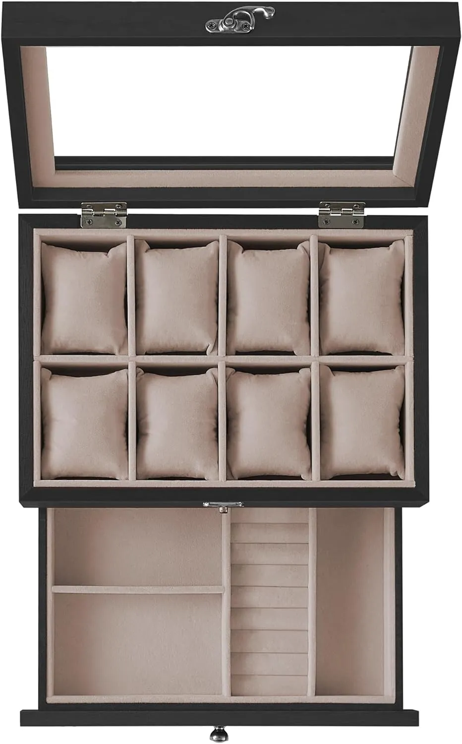 SONGMICS 8-Slot Watch Box, 2-Tier Watch Display Case with Large Glass Lid, Removable Watch Pillows, Velvet Lining, Jewelry Box, Gift Idea, Ebony Black UJOW008B01