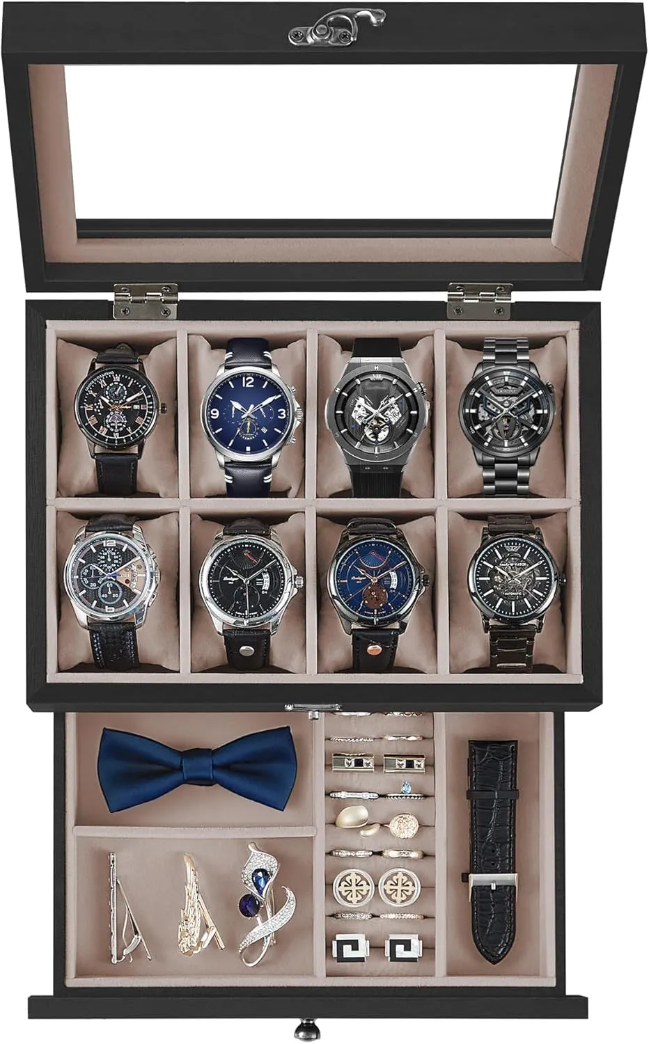 SONGMICS 8-Slot Watch Box, 2-Tier Watch Display Case with Large Glass Lid, Removable Watch Pillows, Velvet Lining, Jewelry Box, Gift Idea, Ebony Black UJOW008B01