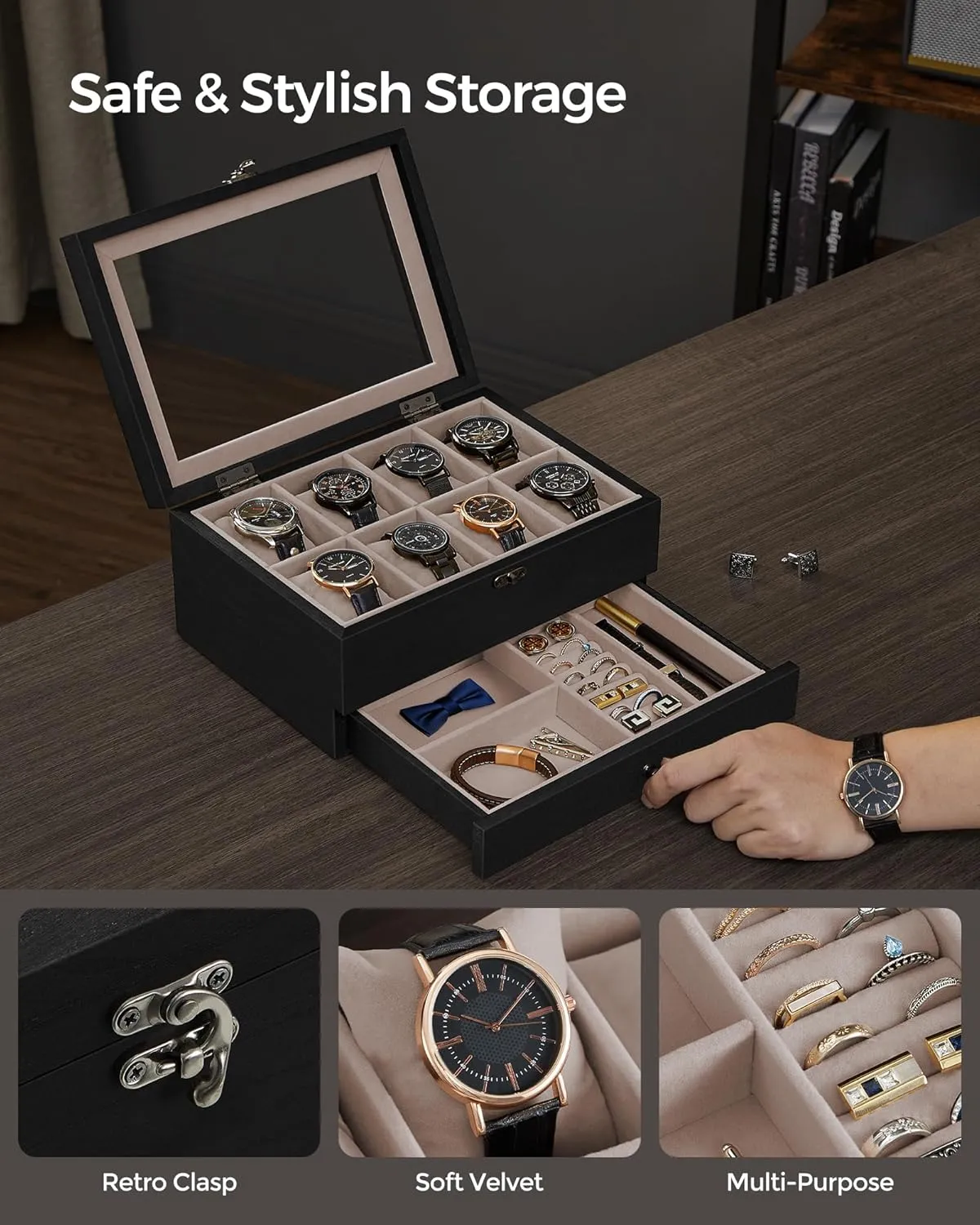 SONGMICS 8-Slot Watch Box, 2-Tier Watch Display Case with Large Glass Lid, Removable Watch Pillows, Velvet Lining, Jewelry Box, Gift Idea, Ebony Black UJOW008B01