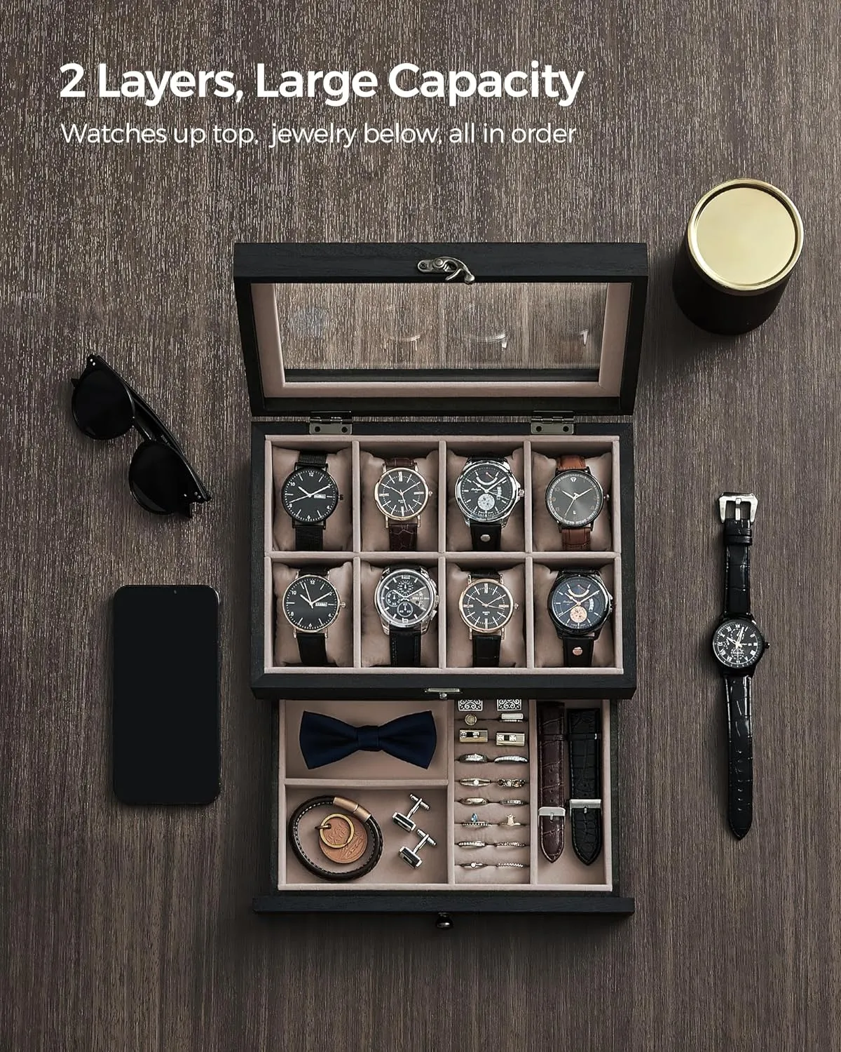 SONGMICS 8-Slot Watch Box, 2-Tier Watch Display Case with Large Glass Lid, Removable Watch Pillows, Velvet Lining, Jewelry Box, Gift Idea, Ebony Black UJOW008B01