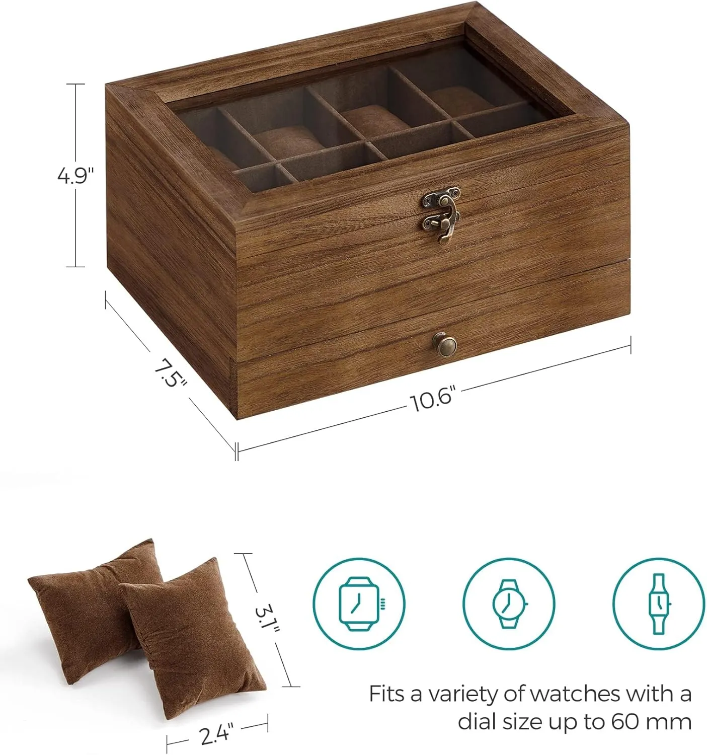 SONGMICS 8-Slot Watch Box, 2-Tier Watch Display Case with Large Glass Lid, Removable Watch Pillows, Velvet Lining, Jewelry Box, Gift Idea, Rustic Walnut UJOW008K01