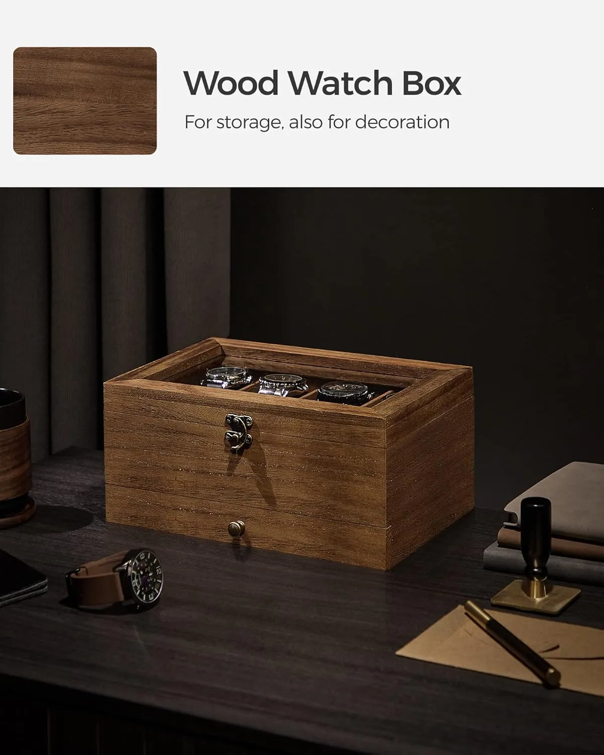 SONGMICS 8-Slot Watch Box, 2-Tier Watch Display Case with Large Glass Lid, Removable Watch Pillows, Velvet Lining, Jewelry Box, Gift Idea, Rustic Walnut UJOW008K01