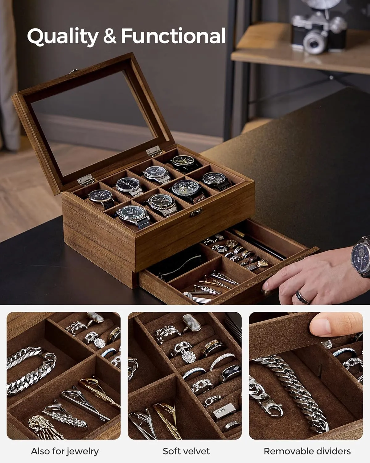 SONGMICS 8-Slot Watch Box, 2-Tier Watch Display Case with Large Glass Lid, Removable Watch Pillows, Velvet Lining, Jewelry Box, Gift Idea, Rustic Walnut UJOW008K01