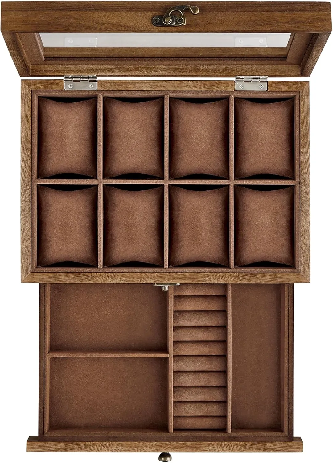 SONGMICS 8-Slot Watch Box, 2-Tier Watch Display Case with Large Glass Lid, Removable Watch Pillows, Velvet Lining, Jewelry Box, Gift Idea, Rustic Walnut UJOW008K01