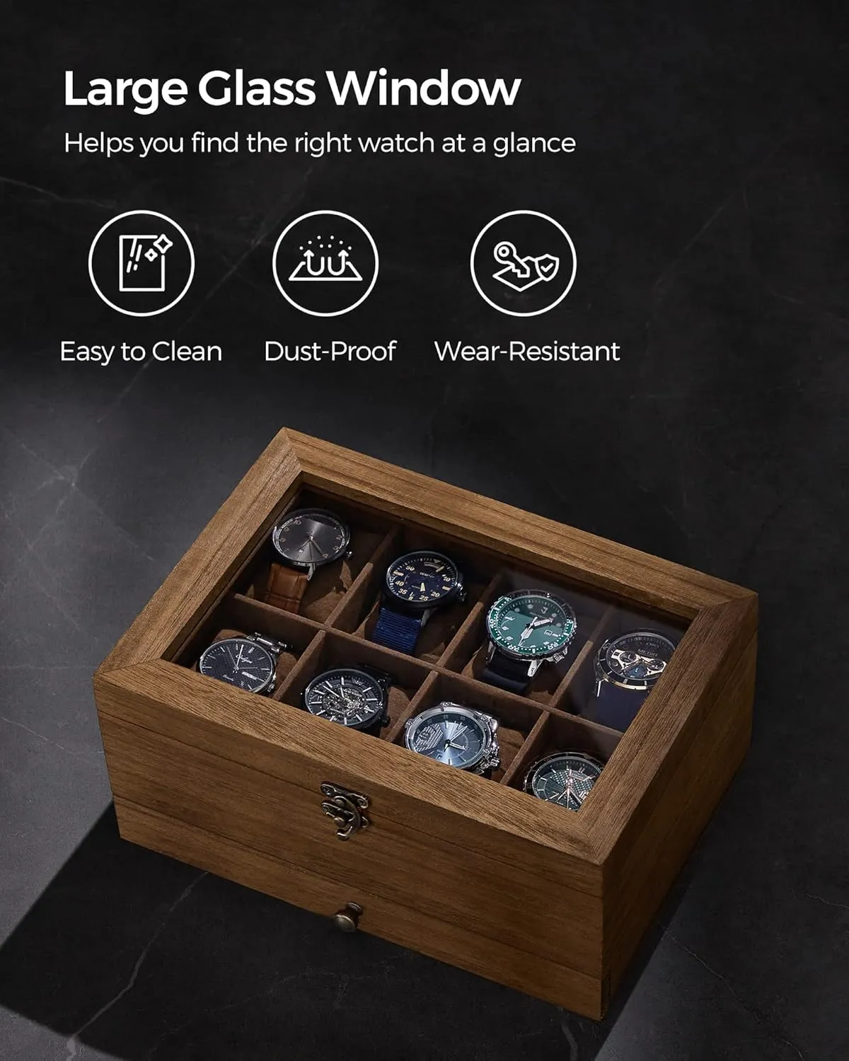 SONGMICS 8-Slot Watch Box, 2-Tier Watch Display Case with Large Glass Lid, Removable Watch Pillows, Velvet Lining, Jewelry Box, Gift Idea, Rustic Walnut UJOW008K01
