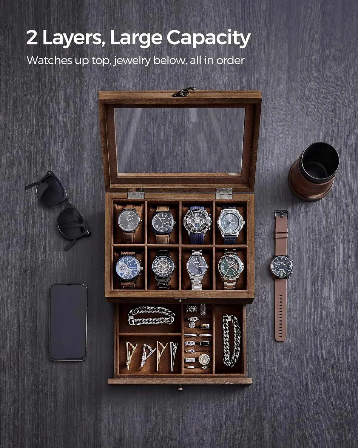SONGMICS 8-Slot Watch Box, 2-Tier Watch Display Case with Large Glass Lid, Removable Watch Pillows, Velvet Lining, Jewelry Box, Gift Idea, Rustic Walnut UJOW008K01