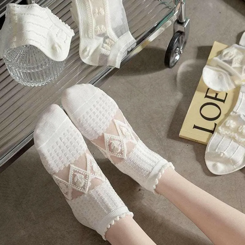 Stylish Women's White Lace Socks with Gold Color Accents (5 Pairs)