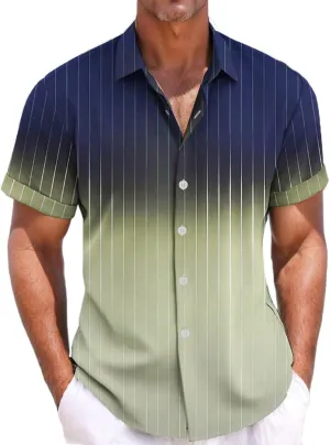 Summer Beach Shirts for Men Gradient Stripe Casual Hawaiian Shirts Button Up Tops Cotton Linen Blouses Vacation Tee