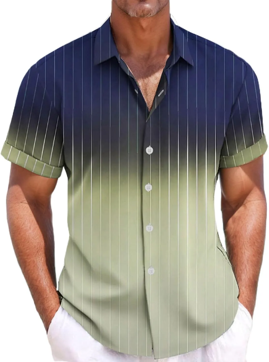 Summer Beach Shirts for Men Gradient Stripe Casual Hawaiian Shirts Button Up Tops Cotton Linen Blouses Vacation Tee