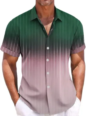 Summer Beach Shirts for Men Gradient Stripe Casual Hawaiian Shirts Button Up Tops Cotton Linen Blouses Vacation Tee