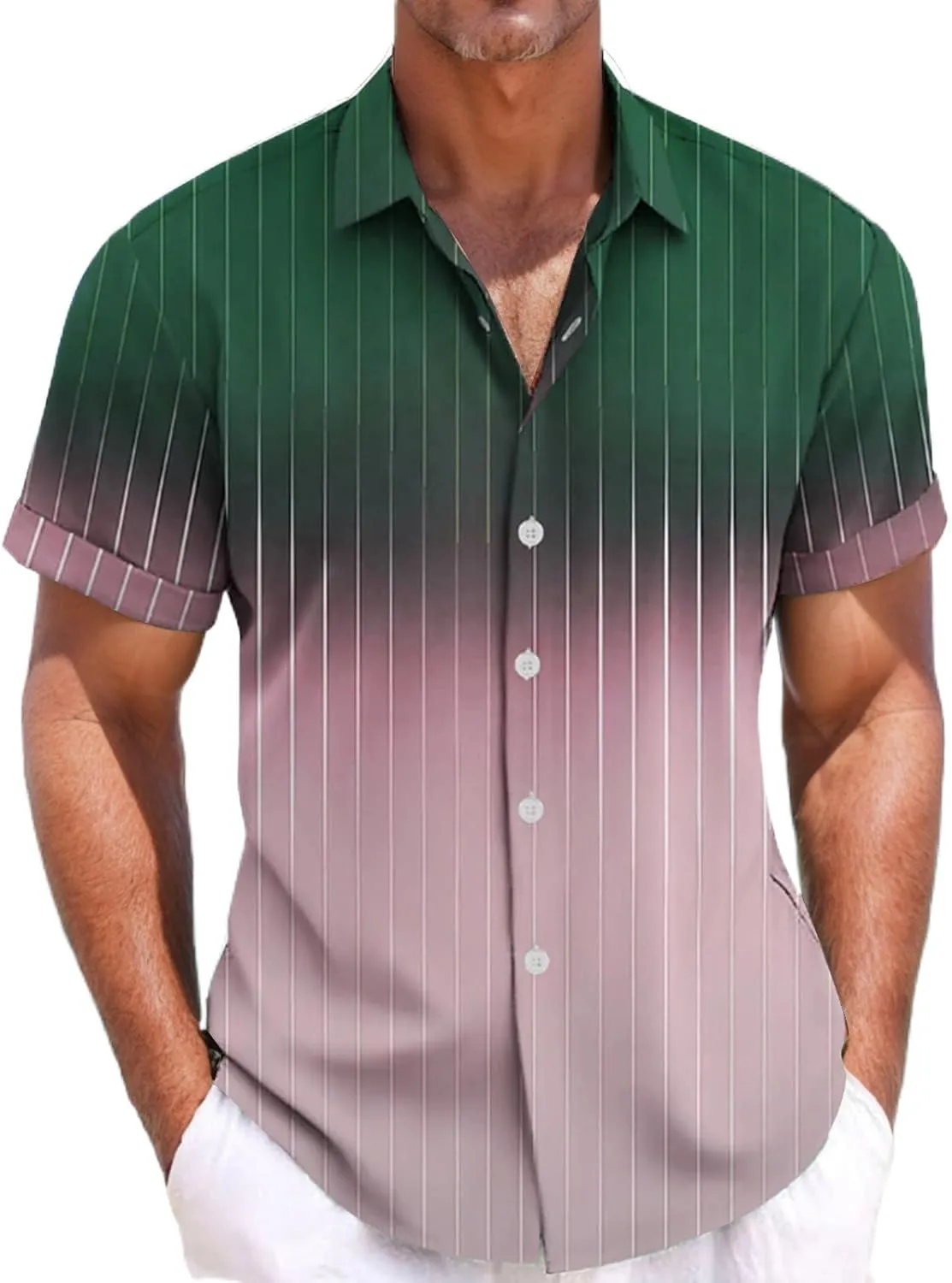 Summer Beach Shirts for Men Gradient Stripe Casual Hawaiian Shirts Button Up Tops Cotton Linen Blouses Vacation Tee