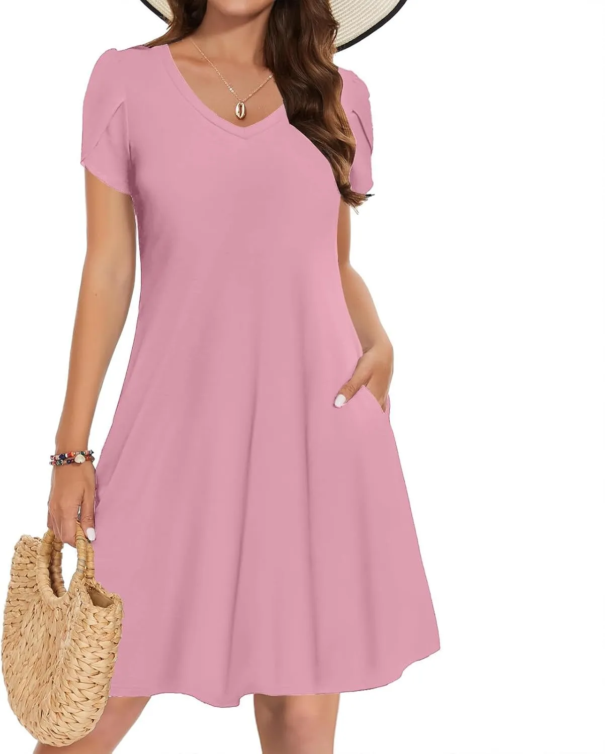 Summer Dresses for Women 2025 Casual Petal Sleeve Tshirt Dress Flowy Beach Swing Sundresses Hawaiian Vacation Outfits