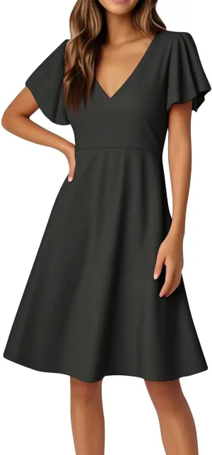 Summer Dresses for Women V Neck Ruffle Sleeve Wedding Guest Dresses Semi Formal Casual Party Modest Flowy Midi Dress