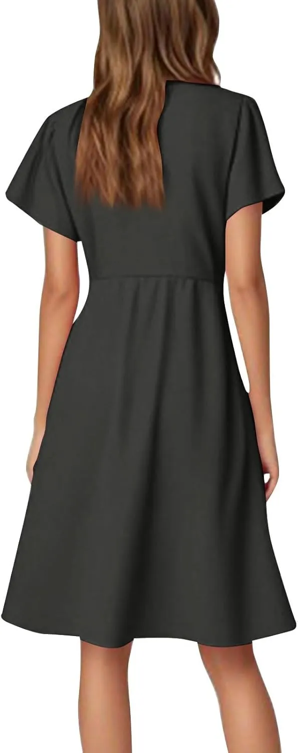 Summer Dresses for Women V Neck Ruffle Sleeve Wedding Guest Dresses Semi Formal Casual Party Modest Flowy Midi Dress