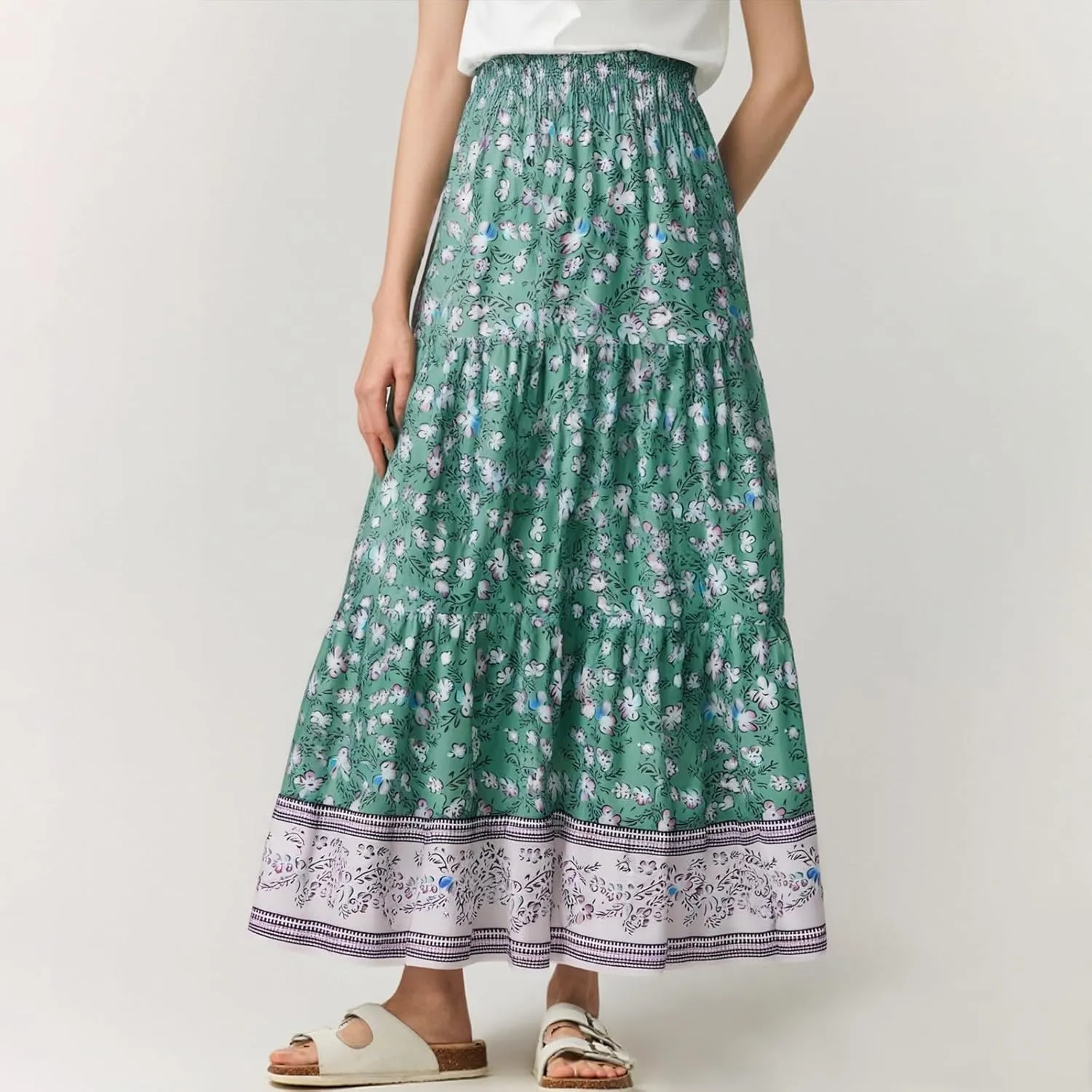Summer Skirts for Women 2025 Loose Trendy Floral Print Elastic Waist Lightweight Boho Flowy Maxi Skirt, S-2XL
