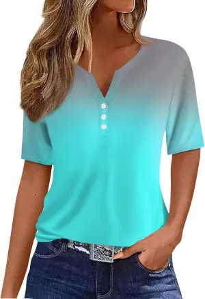 Summer Tops for Women 2025 Button V Neck Boho Short Sleeve Shirts Casual Loose Comfy Tunic Trendy Pullover