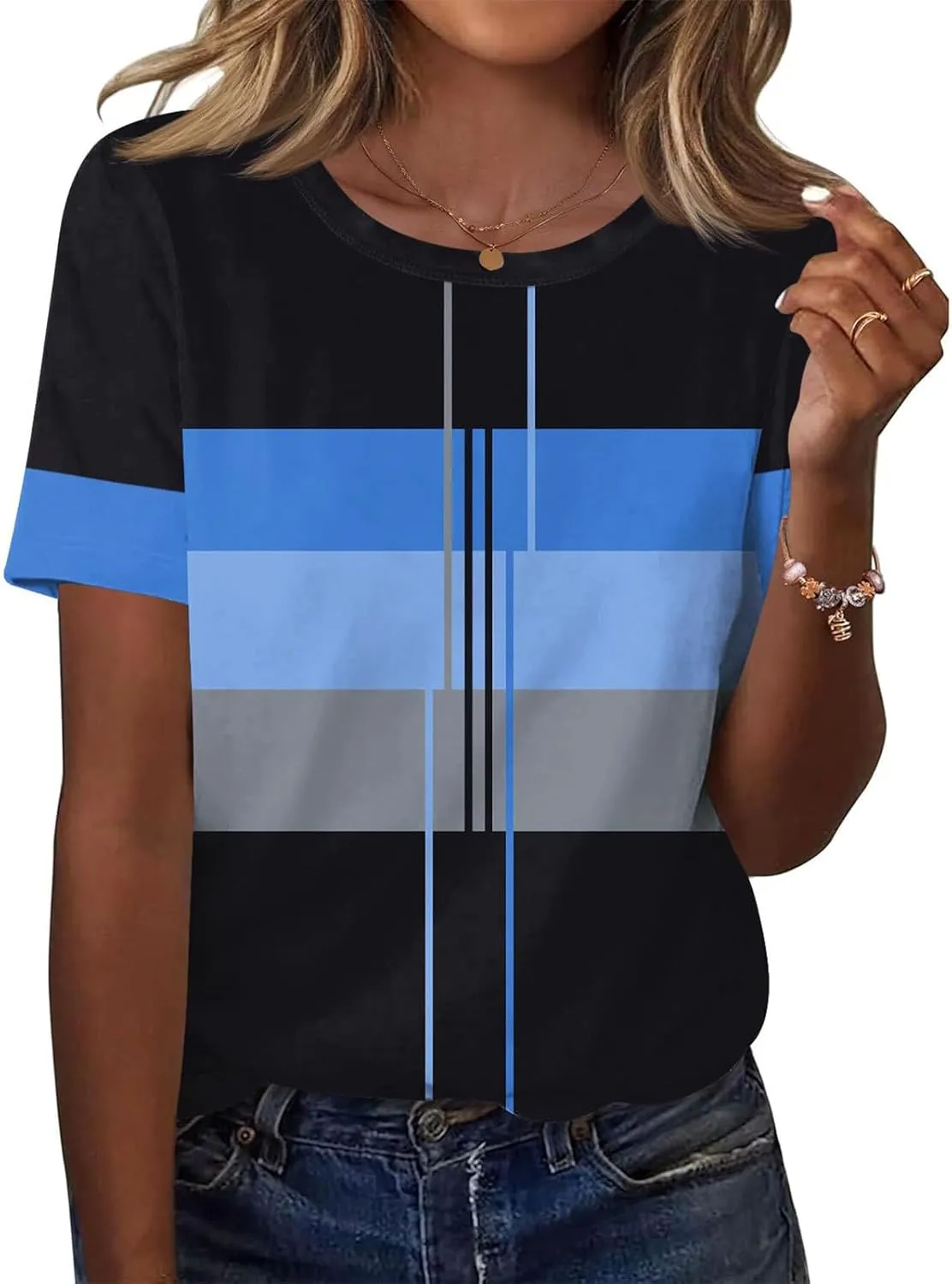 Summer Tops for Women Fashion Color Block Tops Crewneck Shirts Casual Loose Fit Womens Dressy Casual Blouses