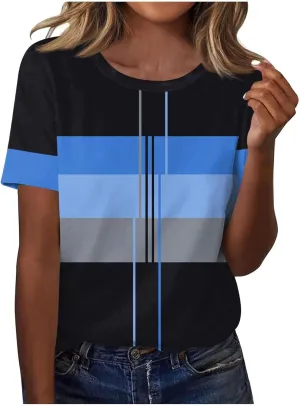 Summer Tops for Women Fashion Color Block Tops Crewneck Shirts Casual Loose Fit Womens Dressy Casual Blouses
