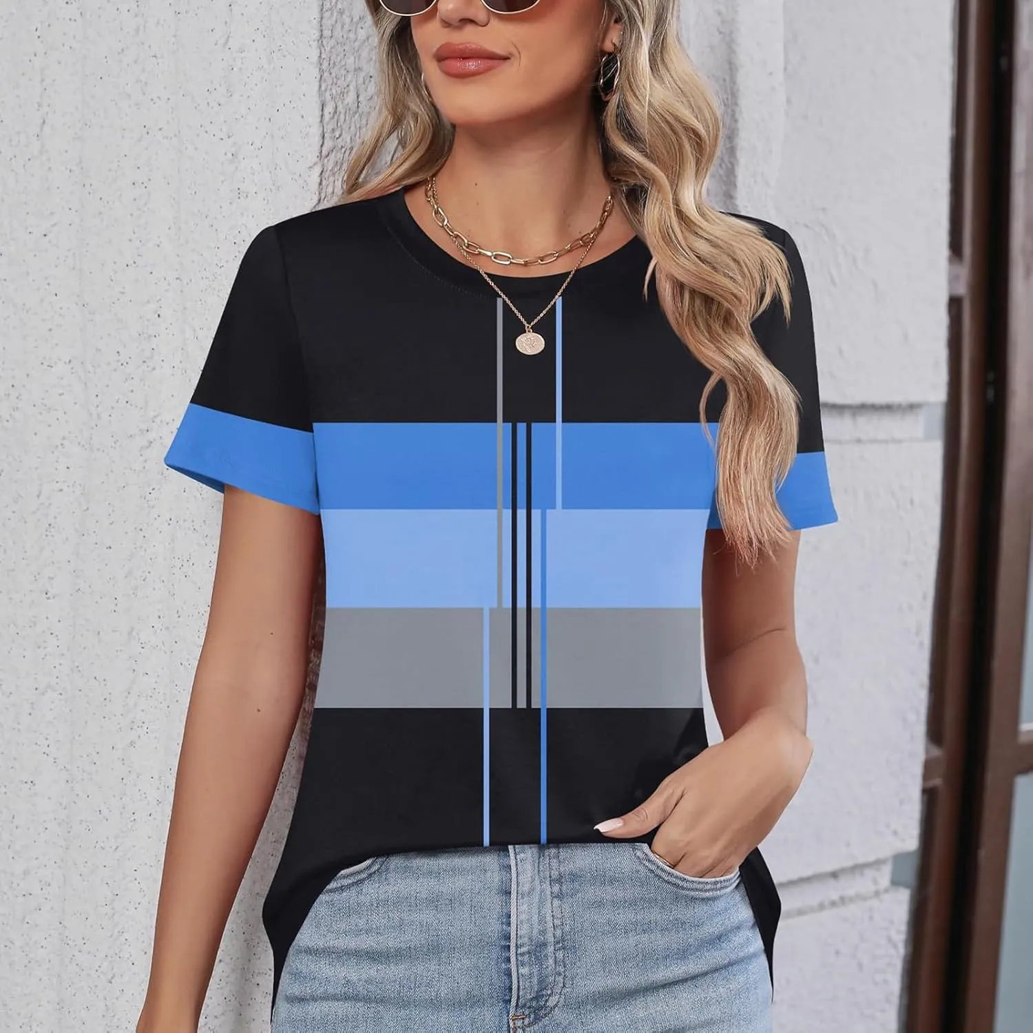 Summer Tops for Women Fashion Color Block Tops Crewneck Shirts Casual Loose Fit Womens Dressy Casual Blouses