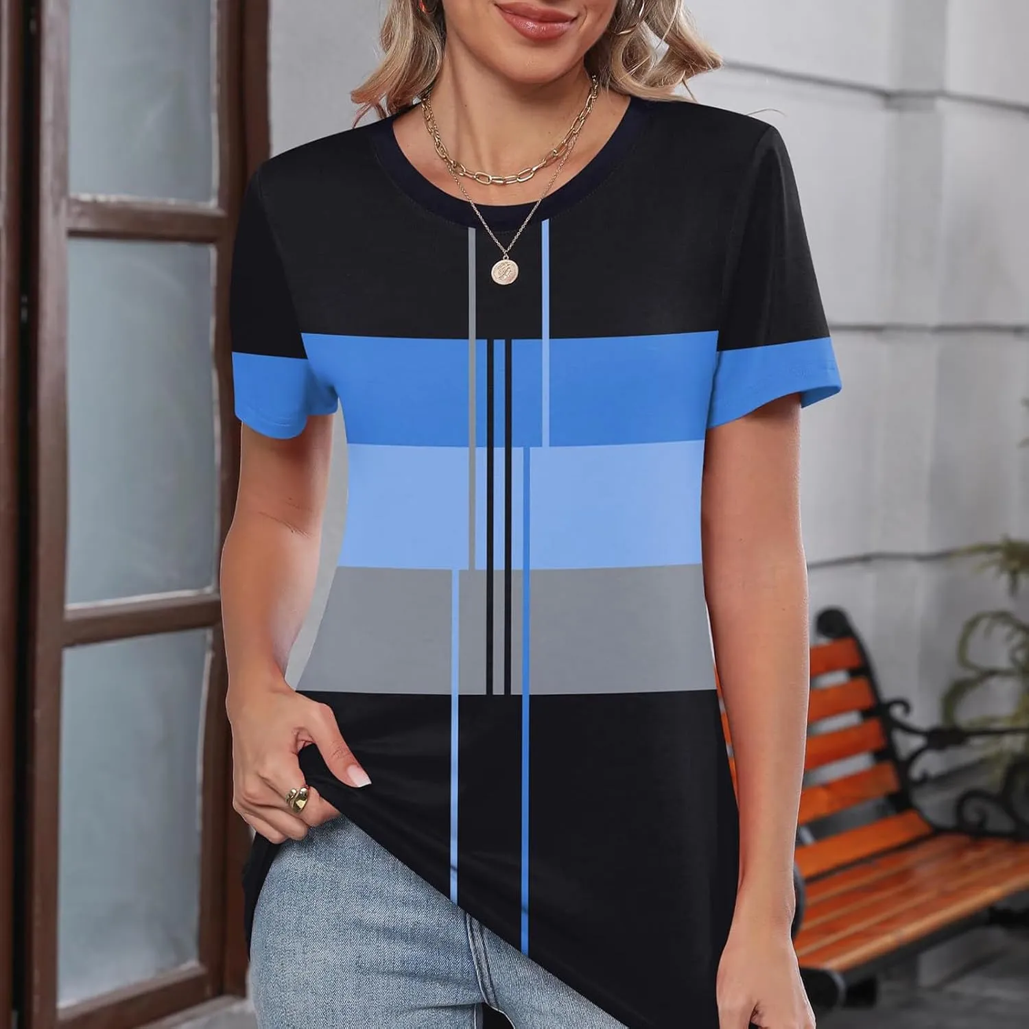 Summer Tops for Women Fashion Color Block Tops Crewneck Shirts Casual Loose Fit Womens Dressy Casual Blouses