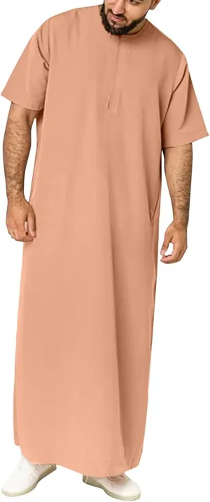 Thatrich Mens Arabic Thobe Short Sleeve Muslin Shirt Full Length Nightgown Lightweight Henley Shirts Casual Robe Spring Wear