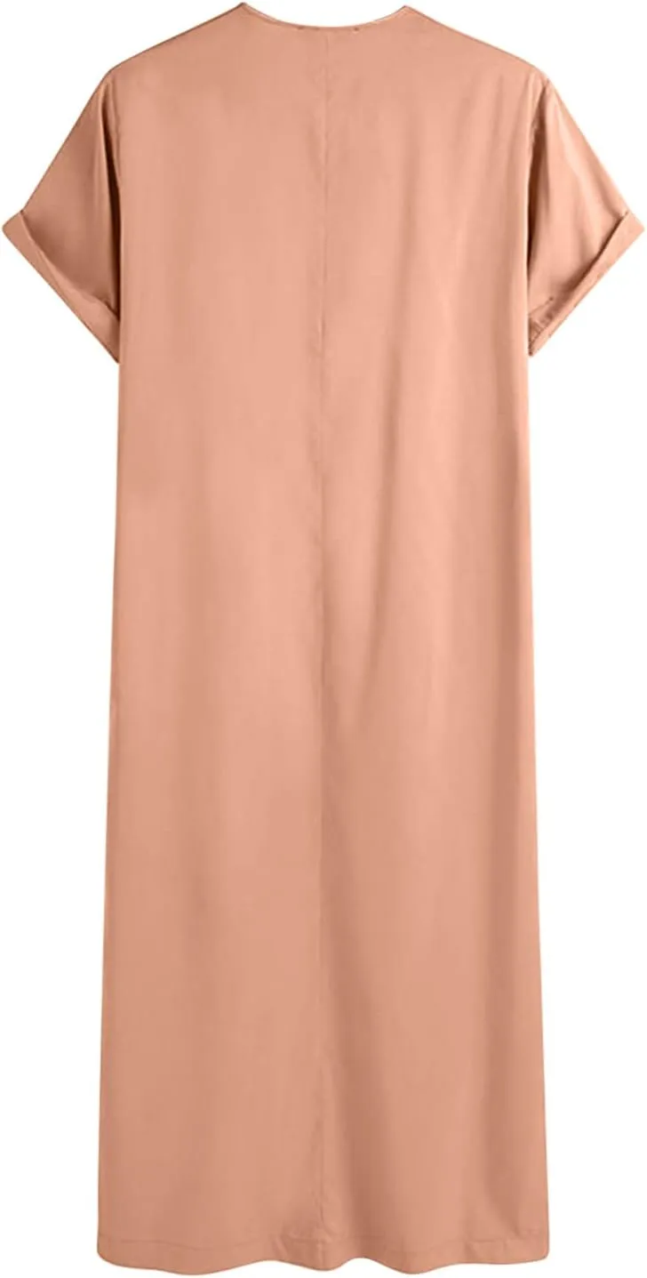 Thatrich Mens Arabic Thobe Short Sleeve Muslin Shirt Full Length Nightgown Lightweight Henley Shirts Casual Robe Spring Wear