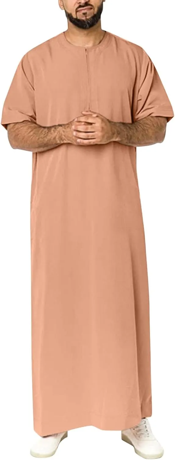 Thatrich Mens Arabic Thobe Short Sleeve Muslin Shirt Full Length Nightgown Lightweight Henley Shirts Casual Robe Spring Wear