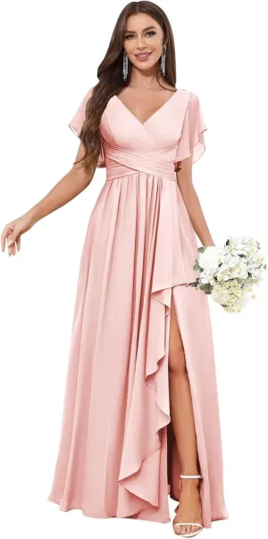 TORYEMY Womens Chiffon Bridesmaid Dresses with Sleeves Slit Long V Neck Ruffle Formal Evening Dress for Women