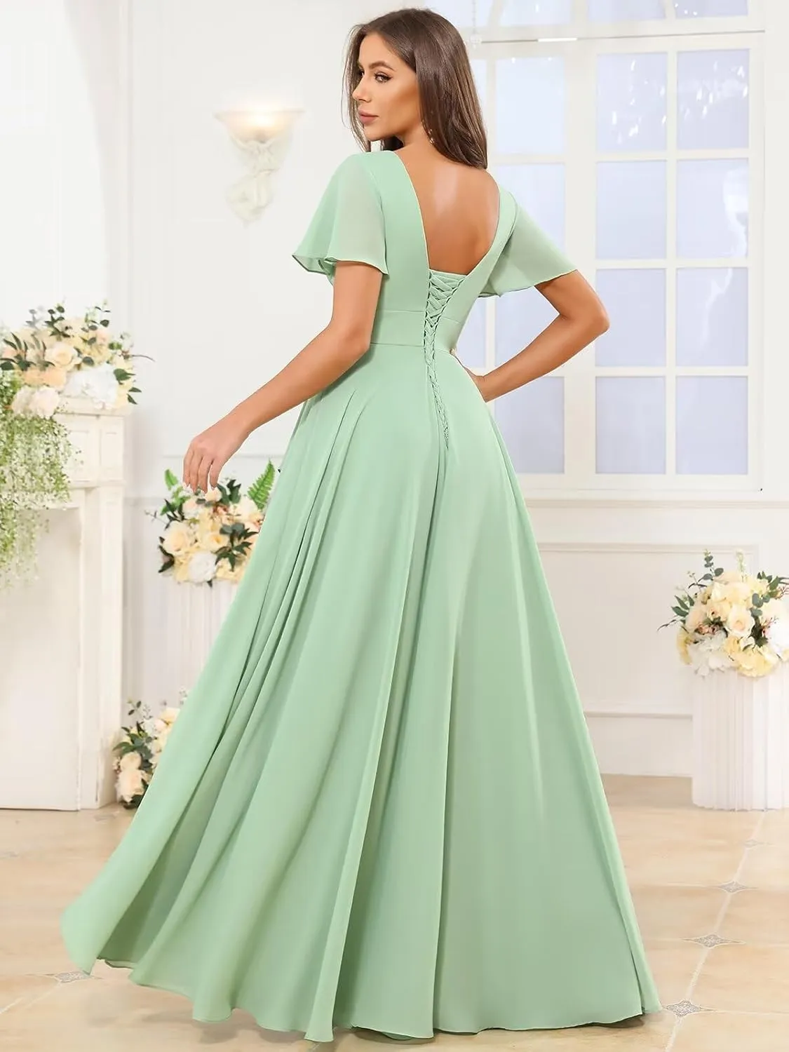 TORYEMY Womens Chiffon Bridesmaid Dresses with Sleeves Slit Long V Neck Ruffle Formal Evening Dress for Women