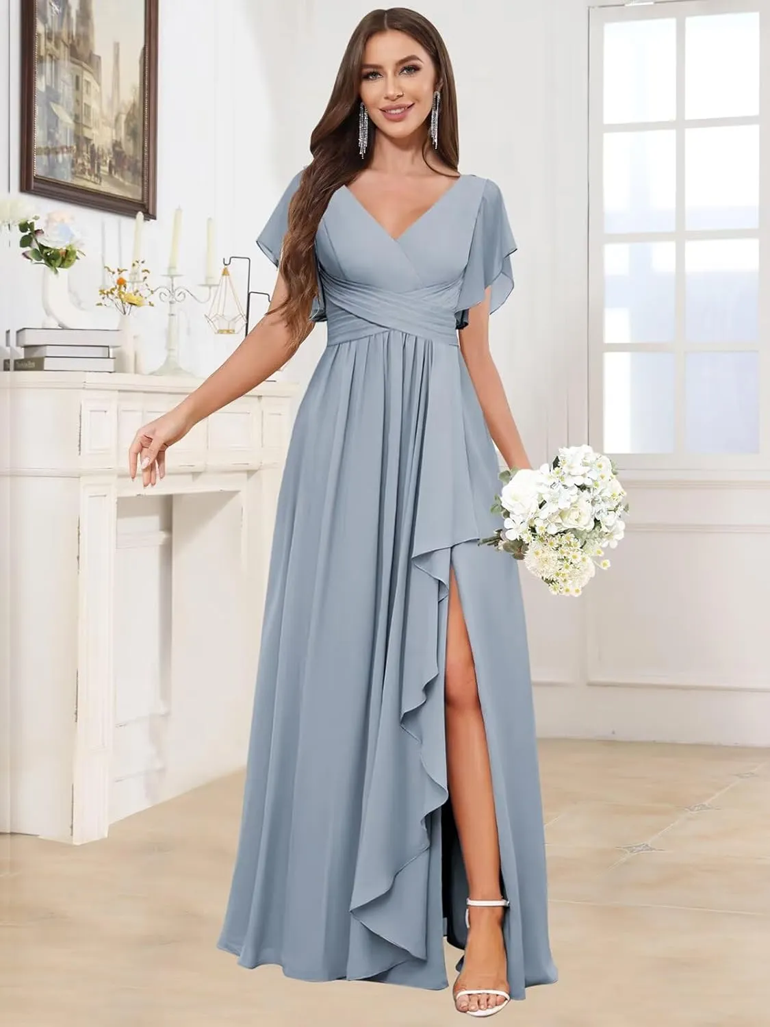 TORYEMY Womens Chiffon Bridesmaid Dresses with Sleeves Slit Long V Neck Ruffle Formal Evening Dress for Women