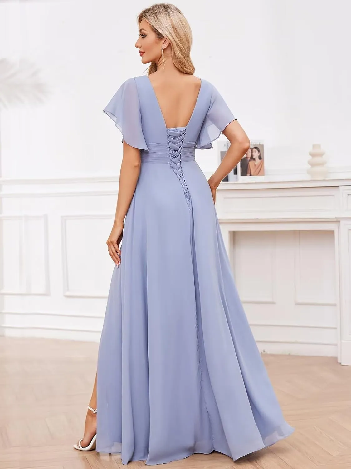 TORYEMY Womens Chiffon Bridesmaid Dresses with Sleeves Slit Long V Neck Ruffle Formal Evening Dress for Women