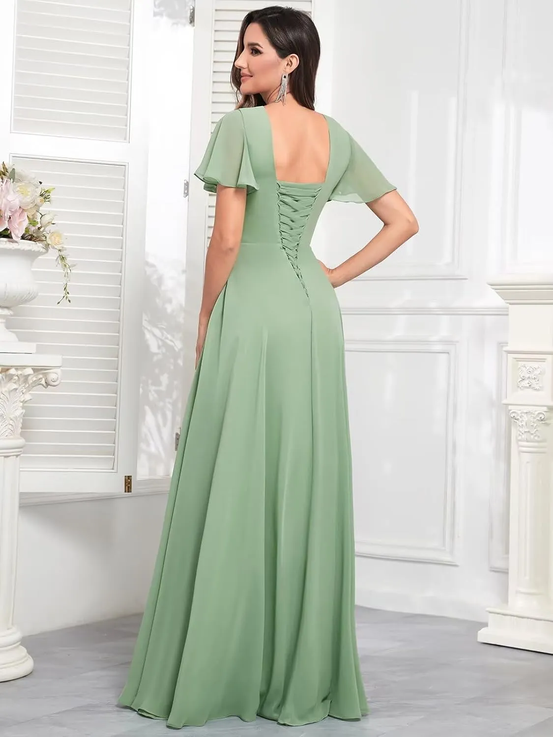 V Neck Chiffon Bridesmaid Dresses with Sleeves Long Slit Formal Evening Gowns with Pockets