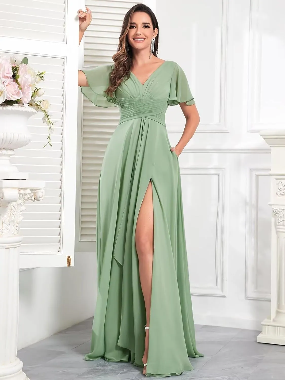 V Neck Chiffon Bridesmaid Dresses with Sleeves Long Slit Formal Evening Gowns with Pockets