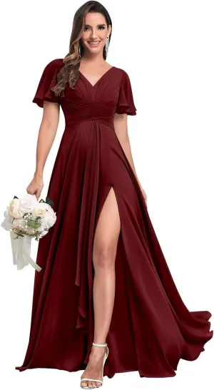 V Neck Chiffon Bridesmaid Dresses with Sleeves Long Slit Formal Evening Gowns with Pockets