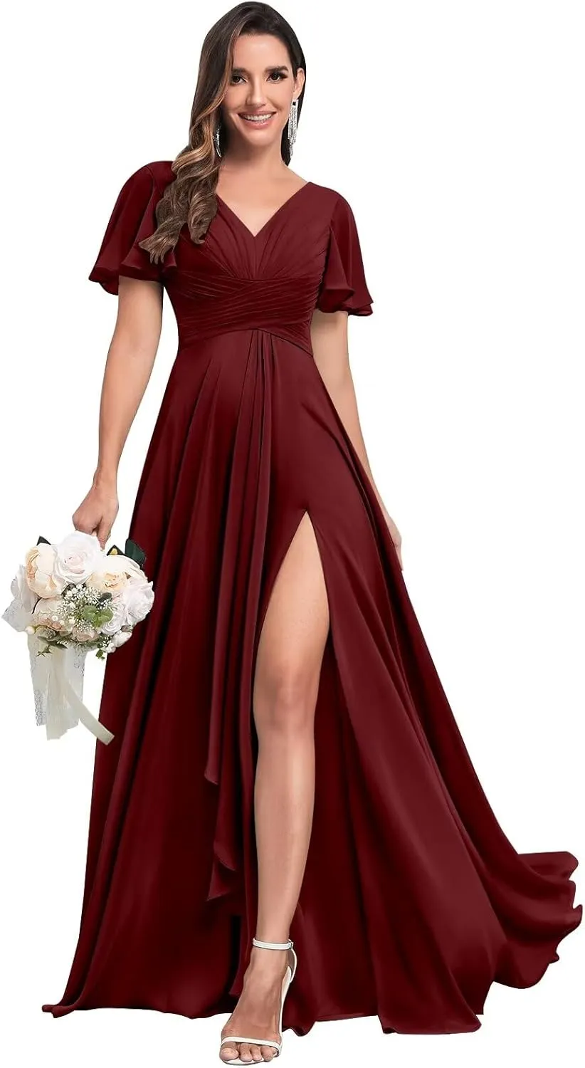 V Neck Chiffon Bridesmaid Dresses with Sleeves Long Slit Formal Evening Gowns with Pockets
