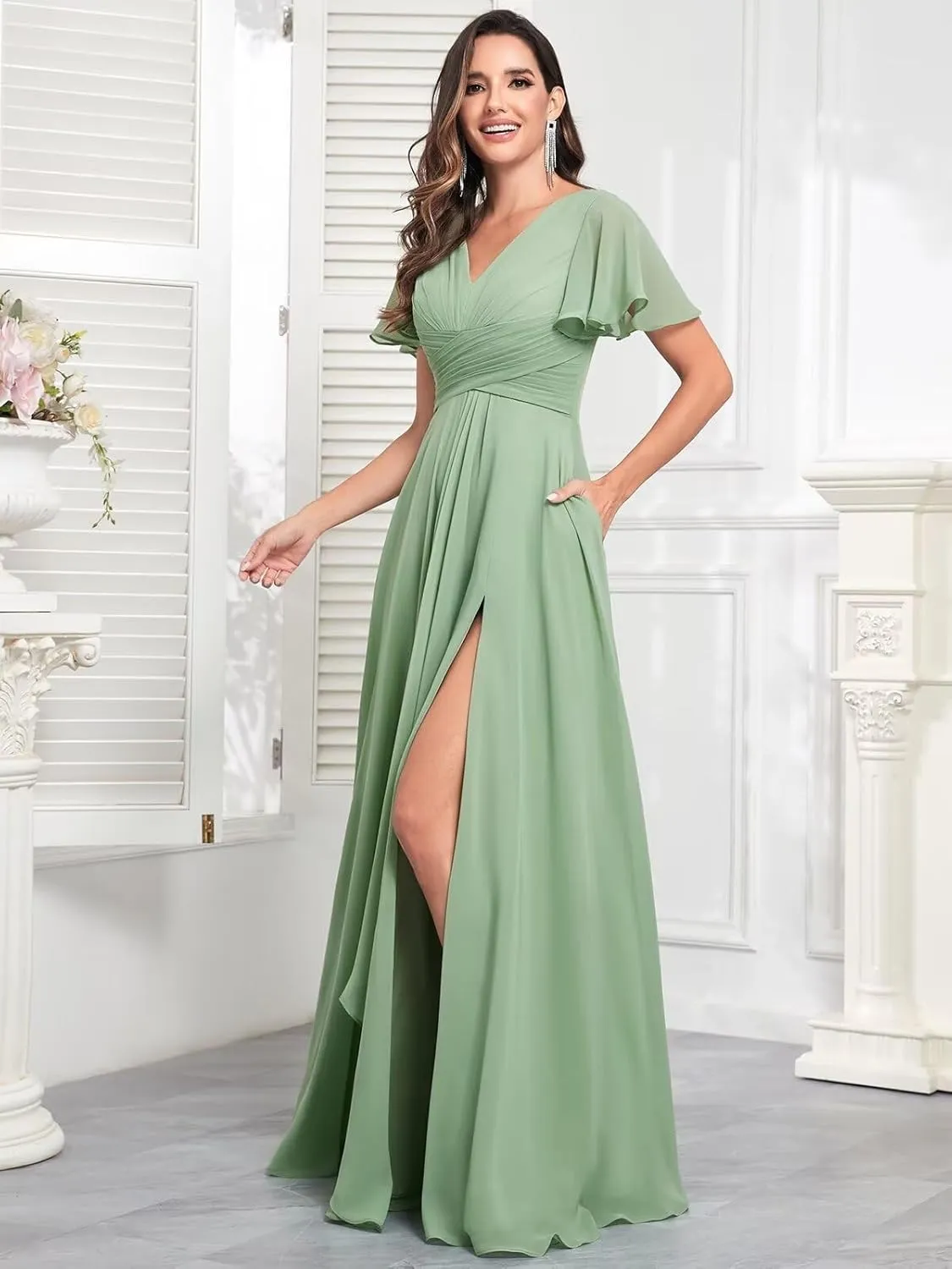 V Neck Chiffon Bridesmaid Dresses with Sleeves Long Slit Formal Evening Gowns with Pockets
