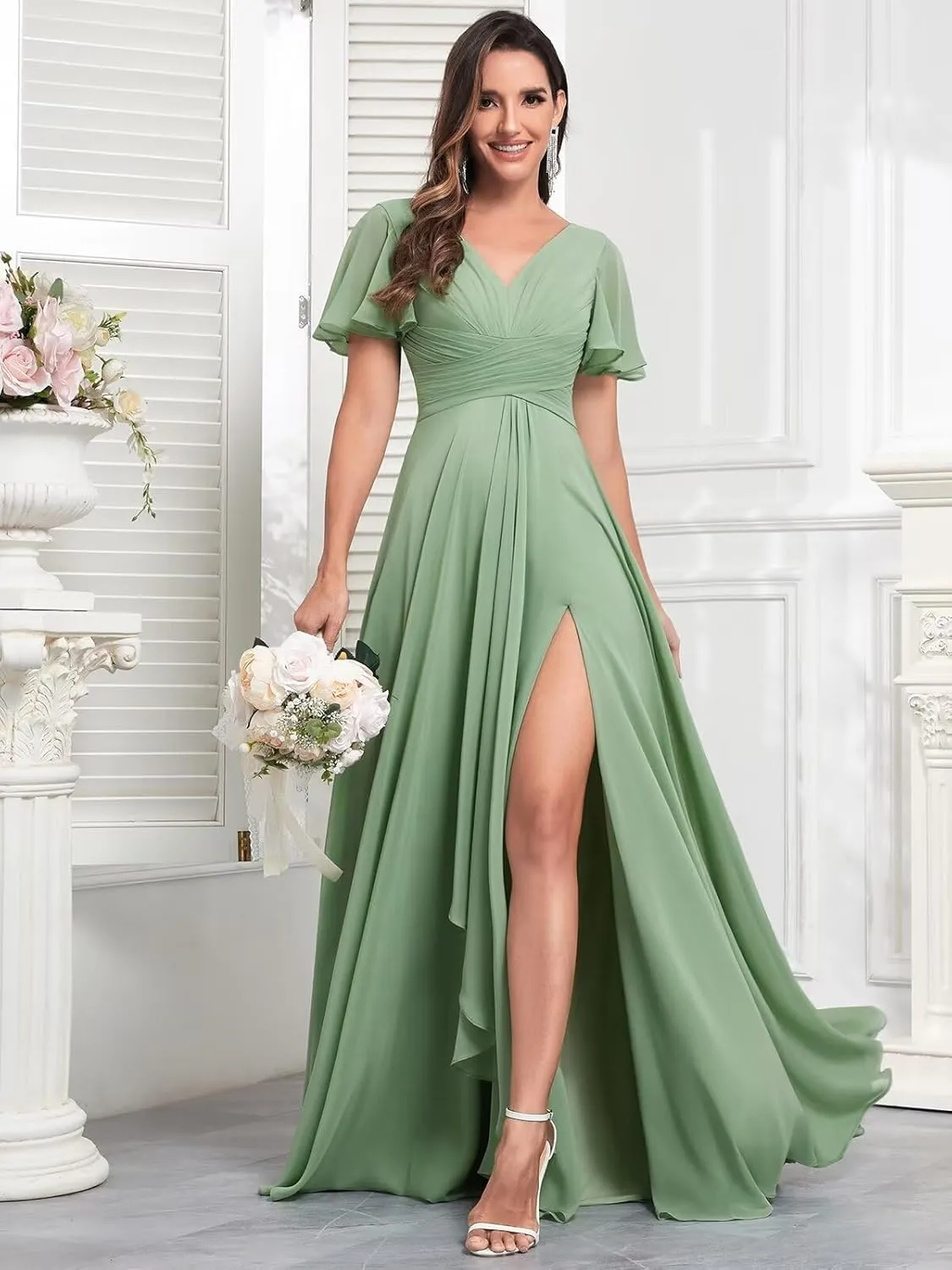 V Neck Chiffon Bridesmaid Dresses with Sleeves Long Slit Formal Evening Gowns with Pockets