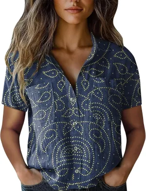 Vintage Boho Tops for Women Floral Print Button Down Shirt Casual Short Sleeve Lightweight Fashion Linen Blouses