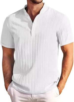 Vintage Henley Shirts for Men Cotton Linen Basic Short Sleeve Tees Baggy Striped Shirt Casual Summer Top Lightweight