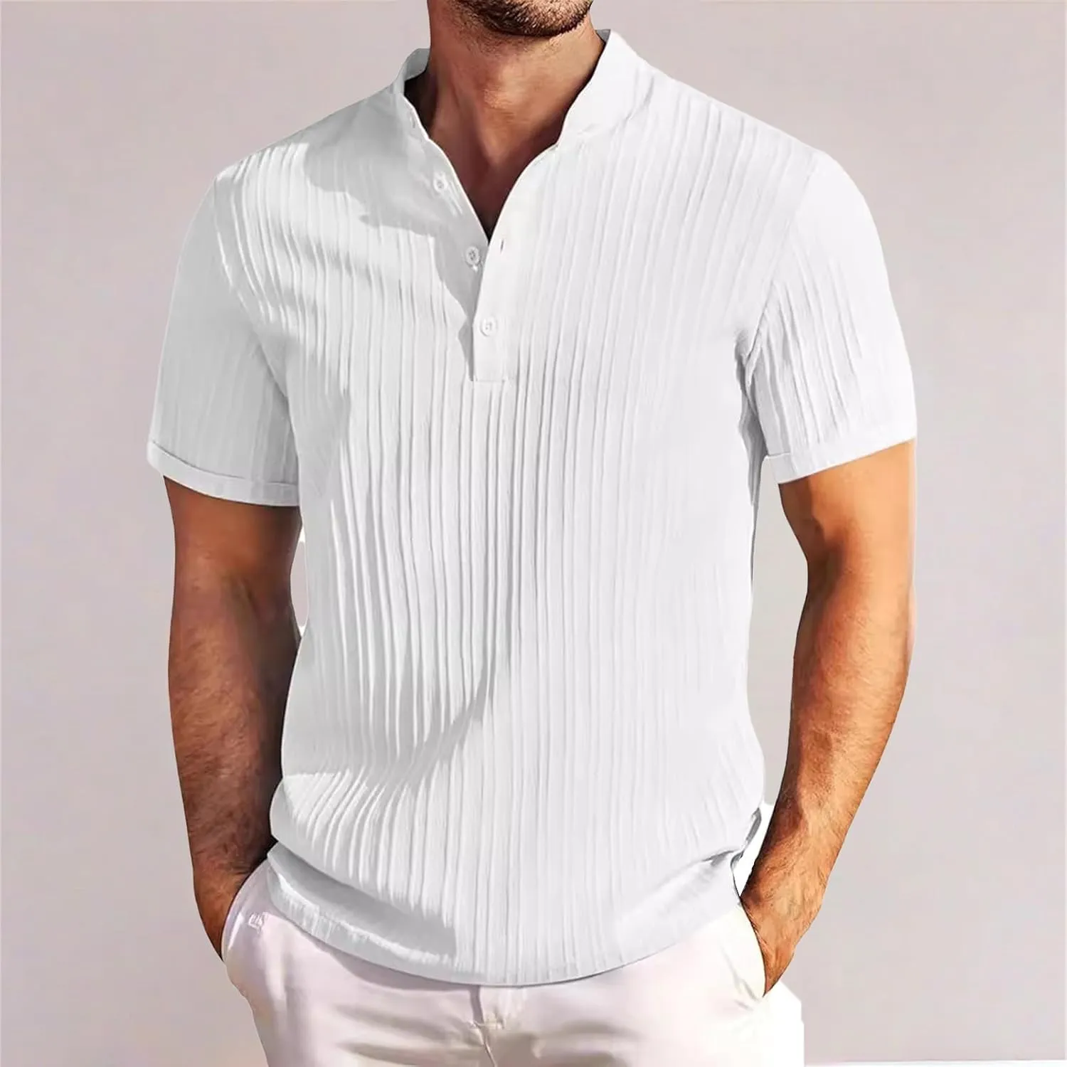 Vintage Henley Shirts for Men Cotton Linen Basic Short Sleeve Tees Baggy Striped Shirt Casual Summer Top Lightweight