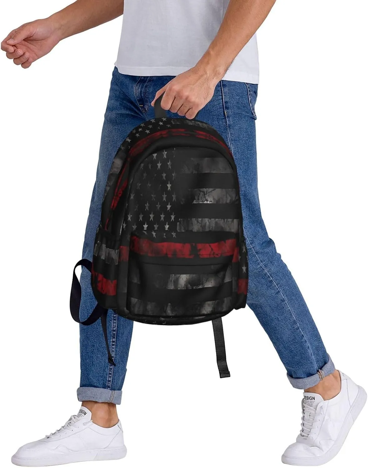 Vintage Thin Red Line American Flag Casual Backpacks Large Travel Backpack Laptop Rucksack Sports Daypack Adjustable Strap Bag for Camping Hiking