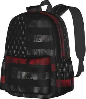 Vintage Thin Red Line American Flag Casual Backpacks Large Travel Backpack Laptop Rucksack Sports Daypack Adjustable Strap Bag for Camping Hiking