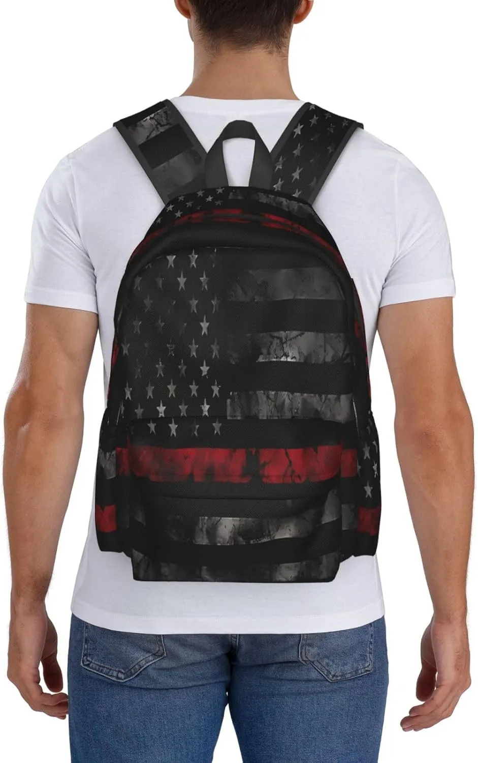 Vintage Thin Red Line American Flag Casual Backpacks Large Travel Backpack Laptop Rucksack Sports Daypack Adjustable Strap Bag for Camping Hiking